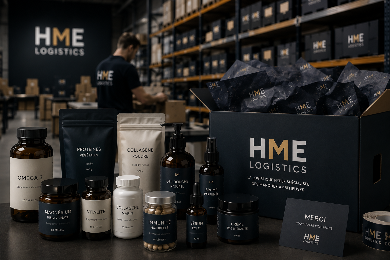 Produits HME Logistics — flacons, sachets, piluliers, compléments alimentaires